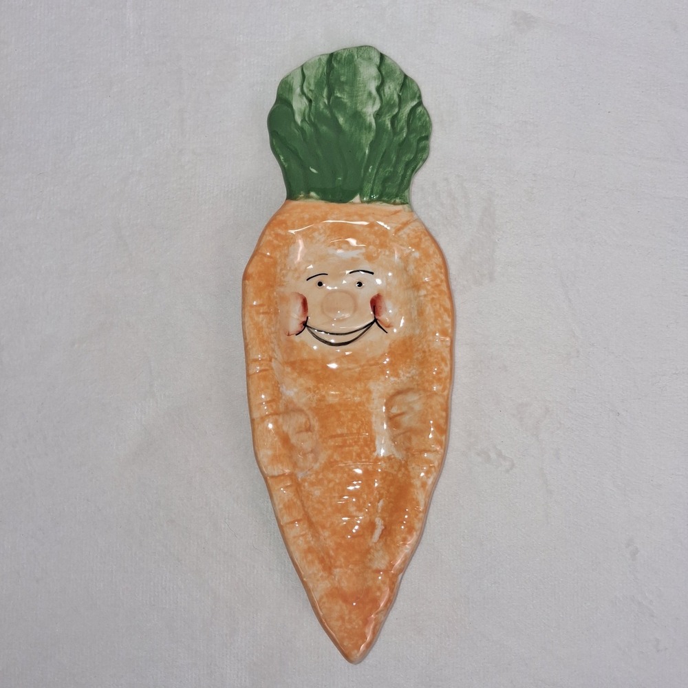 Vintage Anthropomorphic Happy Face Carrot Ceramic Spoon Rest Whimsical Veggie...